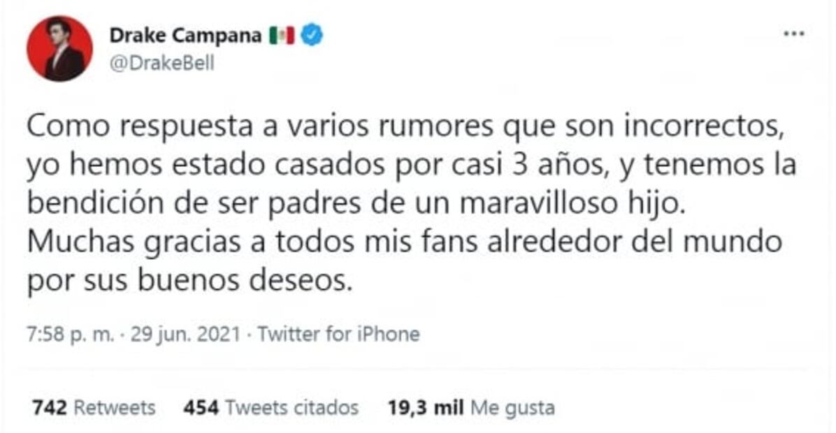 Drake Bell está casado desde hace años y tiene un hijo 