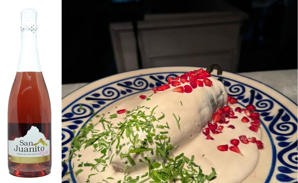 Espuma del Valle de Bernal Rosé y chile en nogada de Casa Pestalozzi. Foto: Especial
