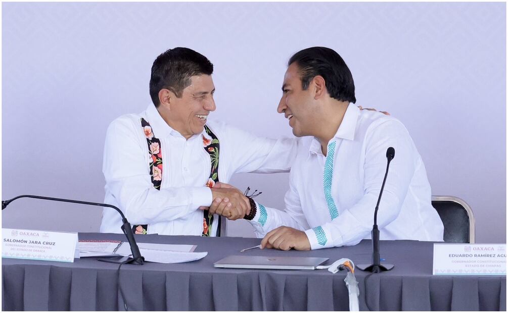Gobernadores de Chiapas y Oaxaca durante el acuerdo del convenio bilateral de seguridad (21/01/2025). Foto: X (@salomonj)