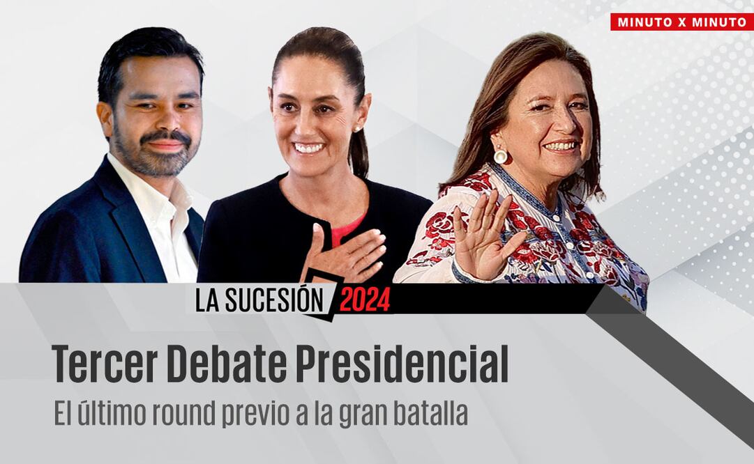 Este 19 de mayo se realiza el Tercer Debate Presidencial rumbo al 2 de junio. El último round entre Claudia Sheinbaum, Xóchitl Gálvez y Jorge Álvarez Máynez. / Foto: Diseño EL UNIVERSAL.