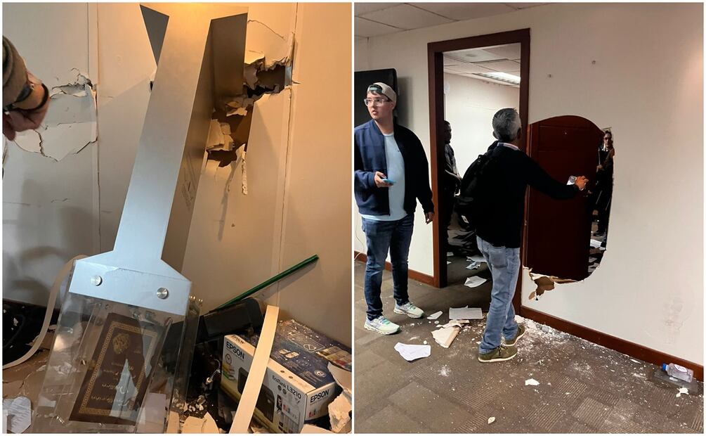 Durante protesta en el Palacio de Gobierno en Sinaloa, las personas rompieron los cristales de una de las puertas, además de que rompieron los muros, para exigir justicia por los menores y su padre muertos en Sinaloa (23/01/2025). Foto: Alfredo Juárez (IG/X: @alfrekjv)