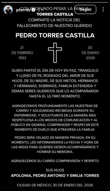 A través de un comunicado se da a conocer la muerte del productor mexicano Pedro Torres.