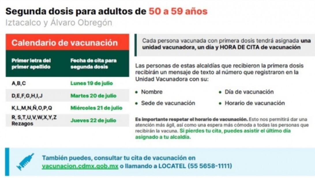Hoy aplican segunda dosis Covid para adultos de 50 a 59 años en Iztacalco y Á. Obregón