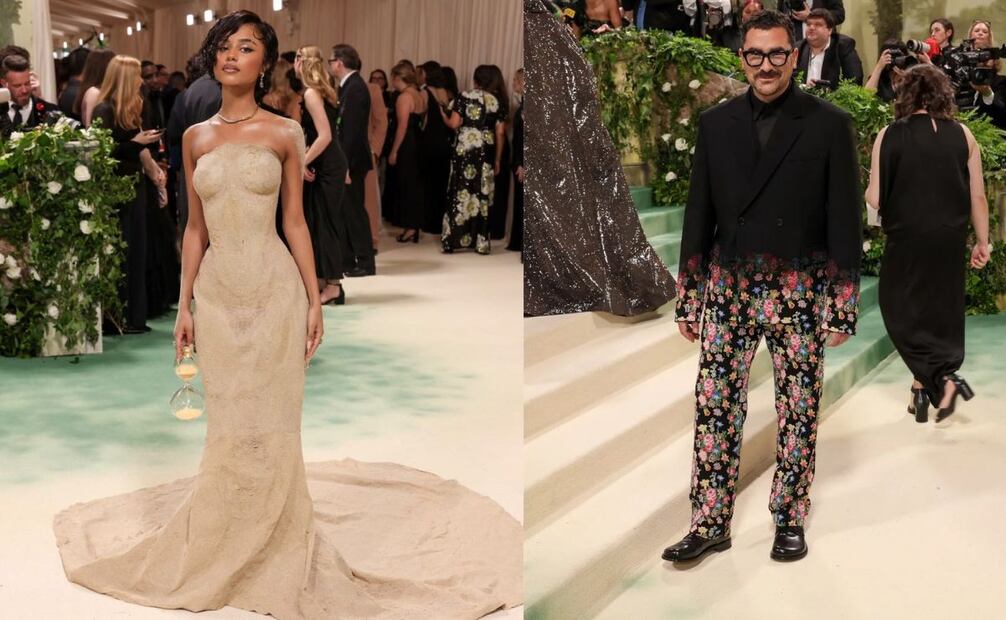 Mientras el vestido de Tyla expresó el concepto del tiempo en general, el traje de Levy fue más allá y retrató al tiempo "devorando" las flores del cuento. Fotos: X.