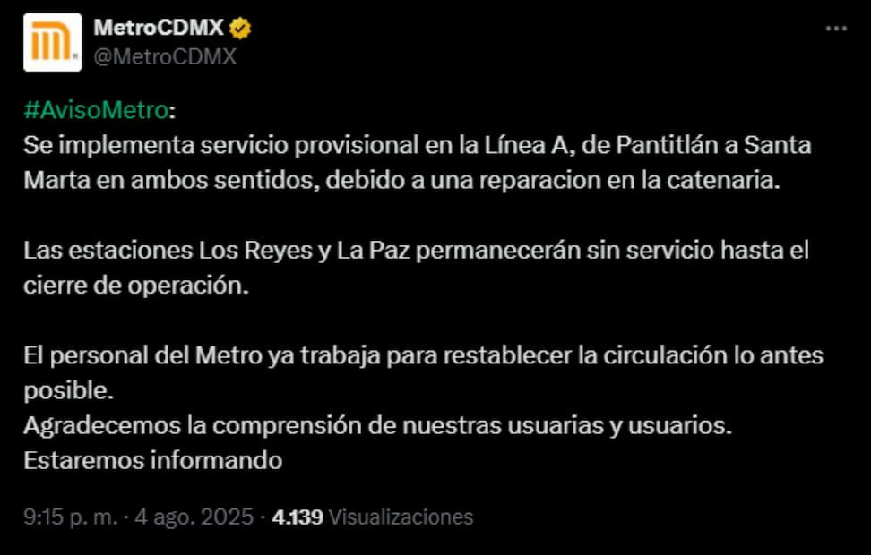Anuncian cierre de dos estaciones de la Línea A del Metro (04/08/2025). Foto: Captura de pantalla