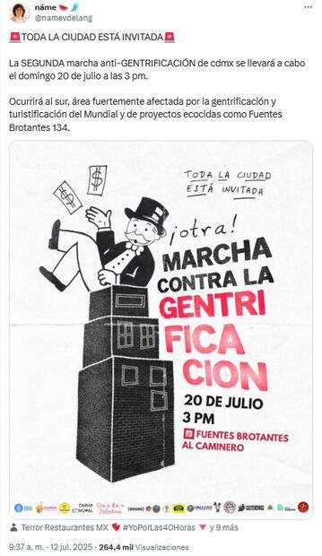 Convocatoria para la segunda marcha contra la gentrificación en CDMX. Foto: X