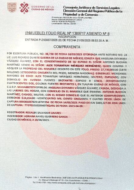 Folio del inmueble donde se señala que Alex Tonatiuh Márquez Hernández adquirió el penthouse de tres pisos en Polanco en tan solo 7.7 millones de pesos. Foto: MCCI