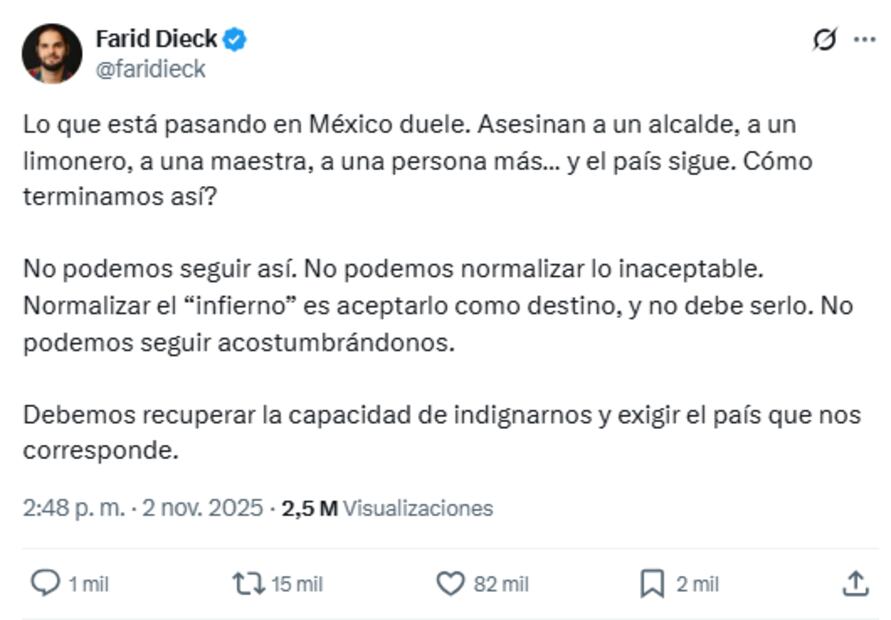 El creador de contenido sorprendió a sus seguidores al pronunciarse ante la ola de violencia que azota el país. Foto: Captura de pantalla @fariddieck