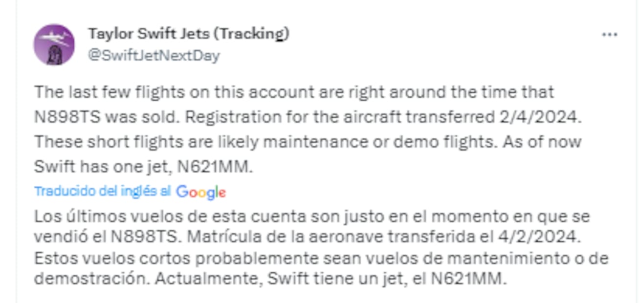 La cuenta se ha encargado de dar información sobre los vuelos de Swift. Foto: Captura de pantalla