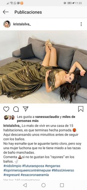 Kristal Silva “limpia” su casa usando vestido de gala