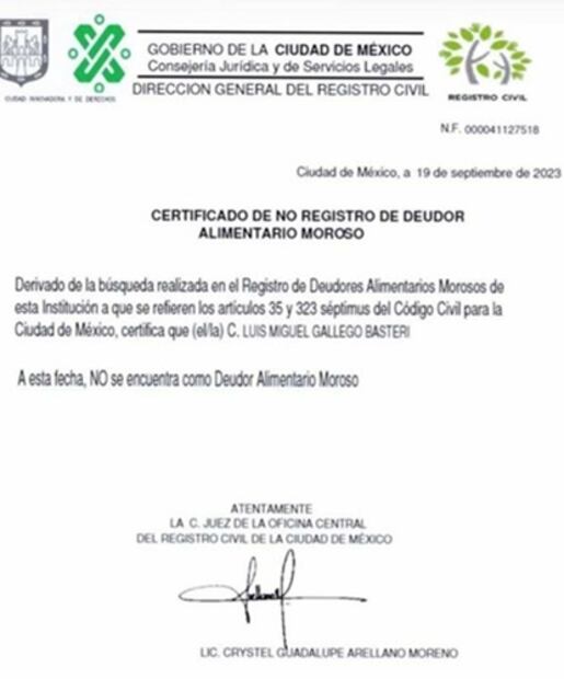 Este es el documento que empezó a circular en el que se niega que forme parte del registro de deudores alimentarios. Foto: Especial