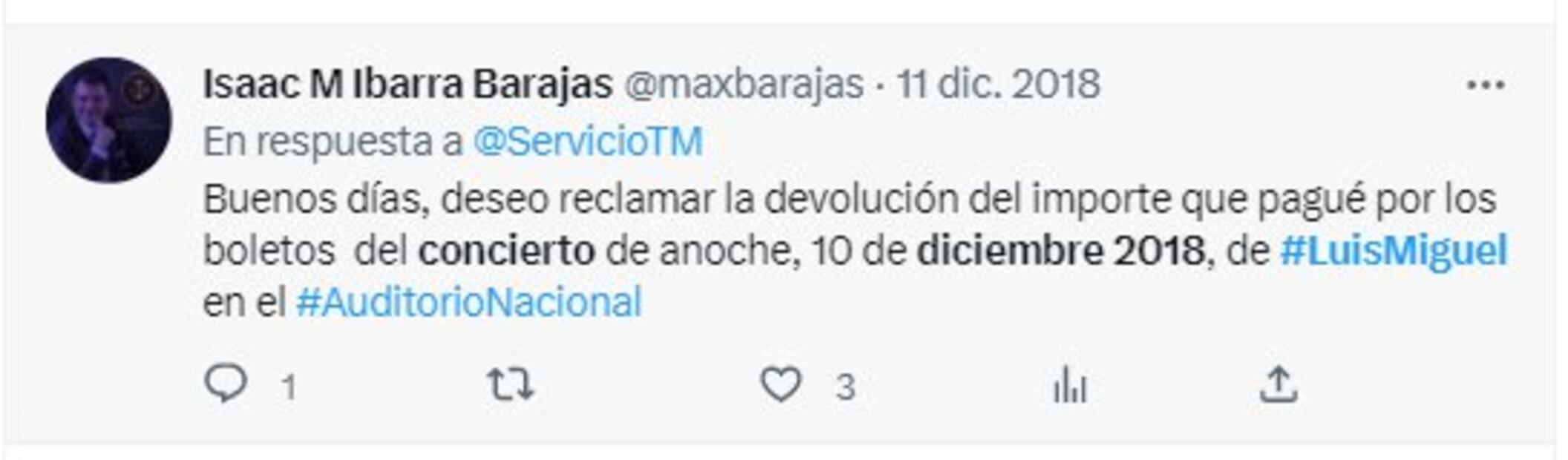 Solicitud de reembolso concierto de Luis Miguel 2018