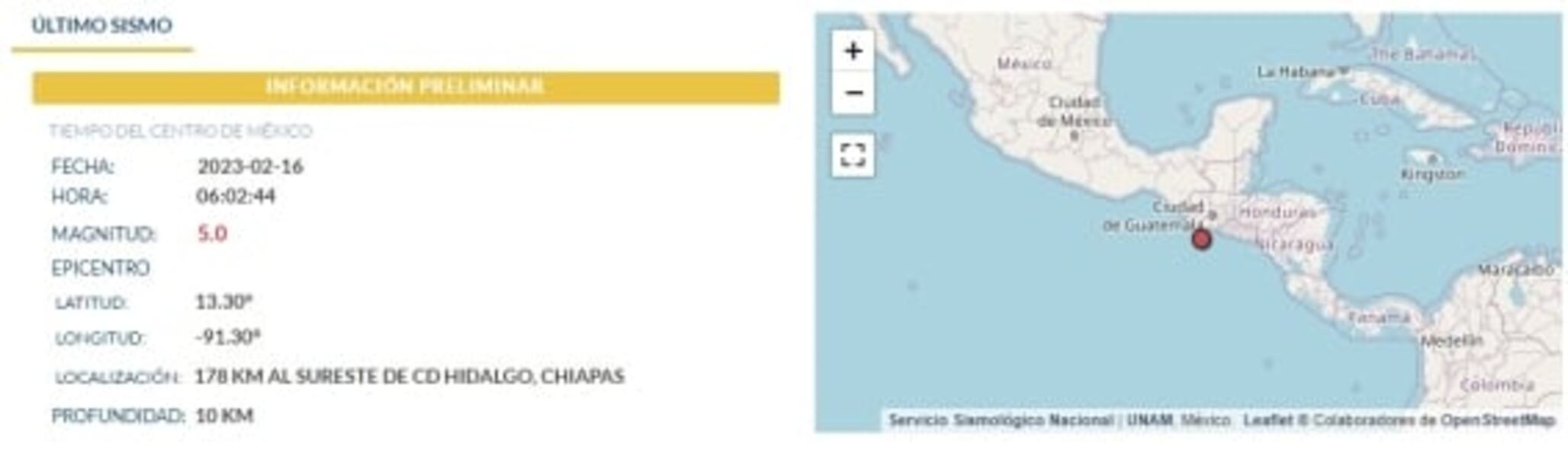 Se registra sismo de magnitud 5 con epicentro en Ciudad Hidalgo, Chiapas 