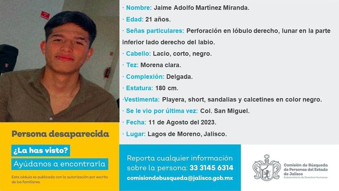 Jaime Aldolfo Martínez, desaparecido en Lagos de Moreno, Jalisco. Foto: Especial