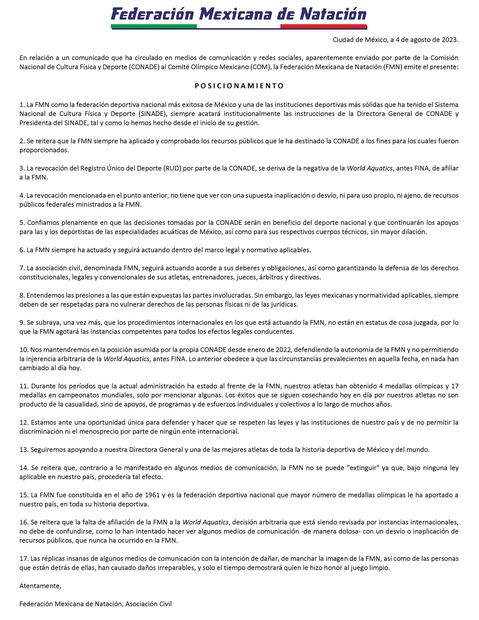 Comunicado de la Federación Mexicana de Natación - Foto: FMN