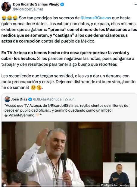 Salinas Pliego denuncia que el gobierno premia con recursos públicos a medios que se someten y castiga a quienes señalan corrupción. Foto: Captura de pantalla