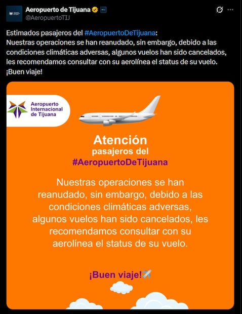 Aeropuerto de Tijuana a través de su cuenta de X. Foto: captura de pantalla