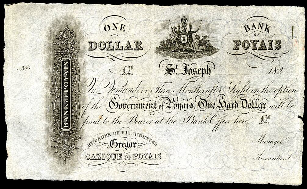 Mientras que Mosquitia, la región en cuestión, era una zona escasamente productiva, MacGregor logró que se imprimieran hasta notas bancarias por "Un Dólar Sólido del Banco de Poyais". Wikimedia Commons.