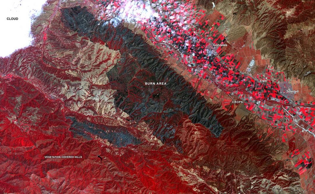 Capturado por el instrumento ASTER a bordo del satélite Terra de la NASA, este mapa de color falso muestra el área quemada de los incendios del río y el Carmel en el condado de Monterey, California. Imagen: NASA / METI / AIST / Japan Space Systems