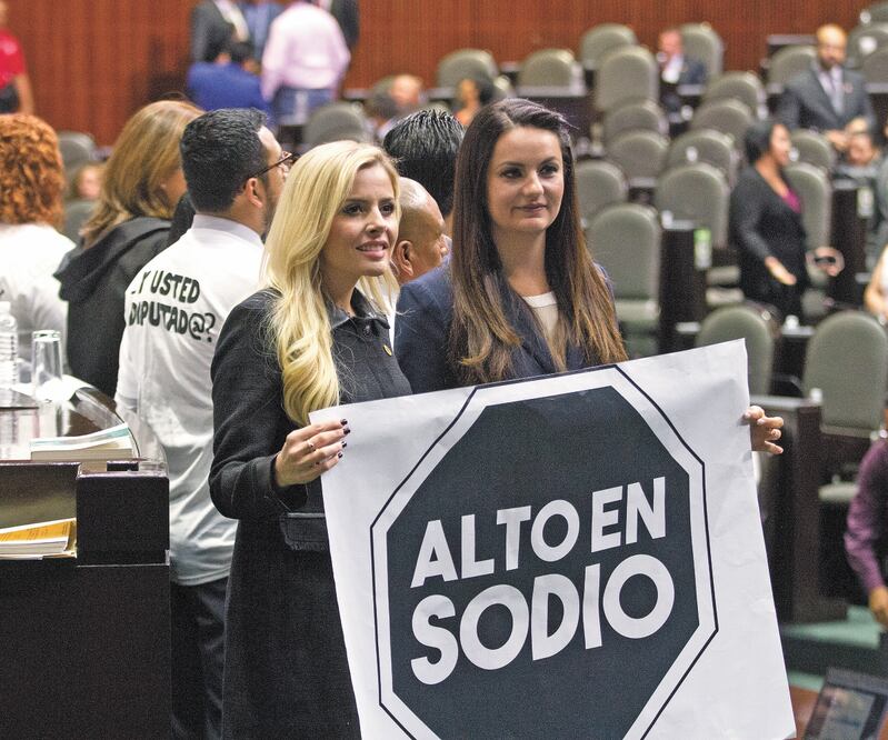 Con la modificación a la Ley General de la Salud que avaló el Senado de la República, las empresas alimenticias tendrán que utilizar el etiquetado frontal como el que sugiere la pancarta en la imagen. Foto: ARCHIVO EL UNIVERSAL
