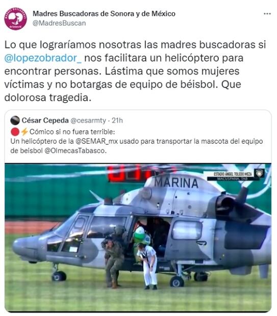 “Lástima que no somos botargas”: Buscadoras lamentan uso de helicóptero de la Marina para mascota de beis