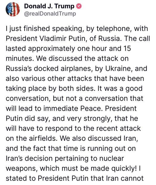 El post de Trump en Truth Social sobre su llamada con el presidente ruso, Vladimir Putin, que luego borró. FOTO: CAPTURA
