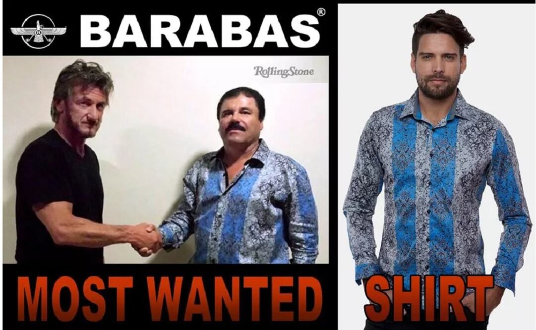 Barabasmen.com posted a photo of the Guzmán-Penn meeting next to a handsomely coiffed male model in the same Barabas shirt. (Photo: Screen grab from barabasmen.com)