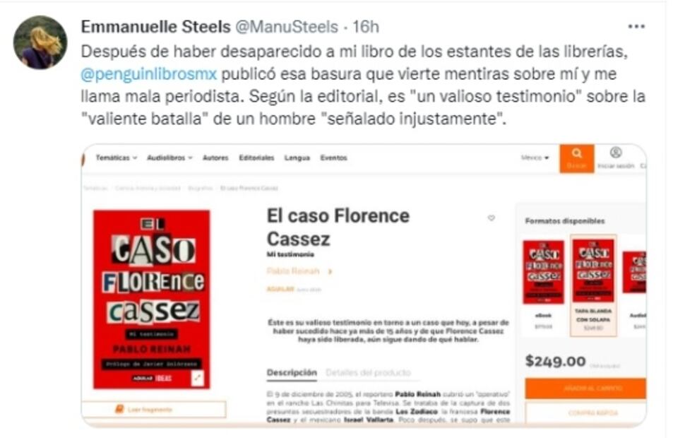 Escritora del caso Cassez-Vallarta señala a librerías de “desaparecer” su libro y publicar el de Pablo Reinah