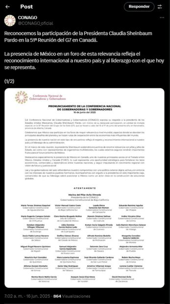 Comunicado de Conago por la participación de Claudia Sheinbaum en la Cumbre del G7. Foto: captura de pantalla