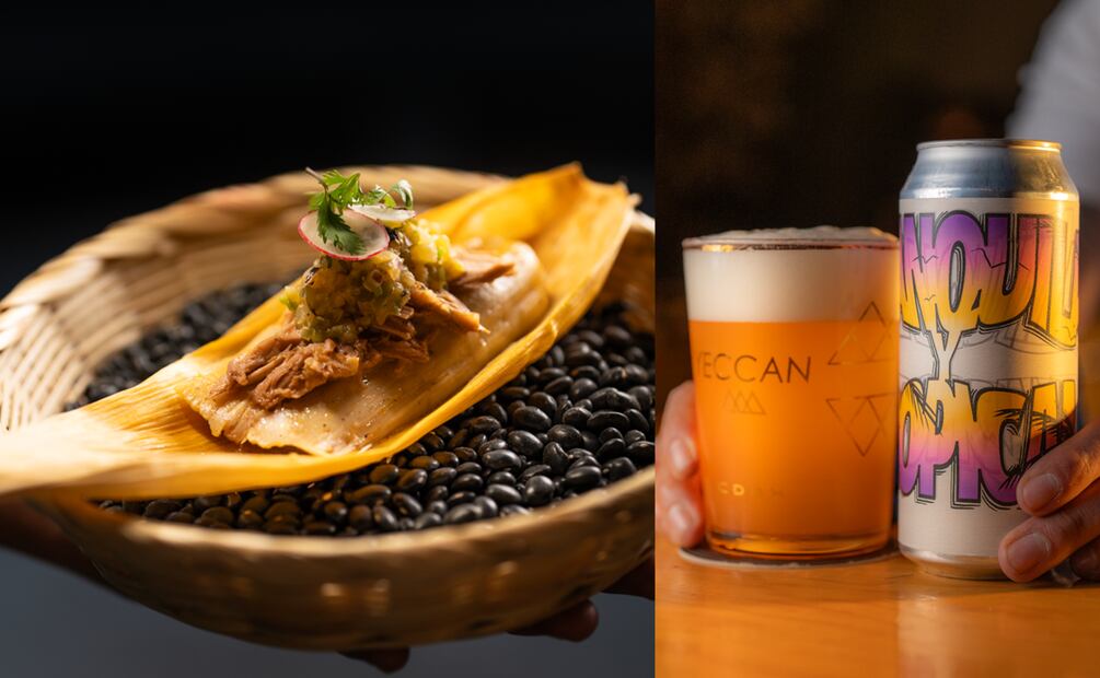 Tamal de chamorro al pibil con salsa de piña rostizada con la "Tranquila y tropical", una Hazy IPA de maracuyá. Foto: cortesía