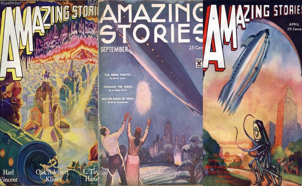 Los relatos de "Historias Asombrosas" podían situarse en escenarios desde misteriosos laboratorios hasta ciudades avanzadas, como en "El Reino Secreto" (izq.), "Piratas lunares" (centro) o "Mecanocracia" (der.). ESPECIAL/Pulpcovers.