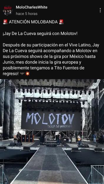 Tras su aparición en el Vive Latino, Molotov viajó a Irapuato para presentarse en la Feria de las Fresas.
Foto: Instagram