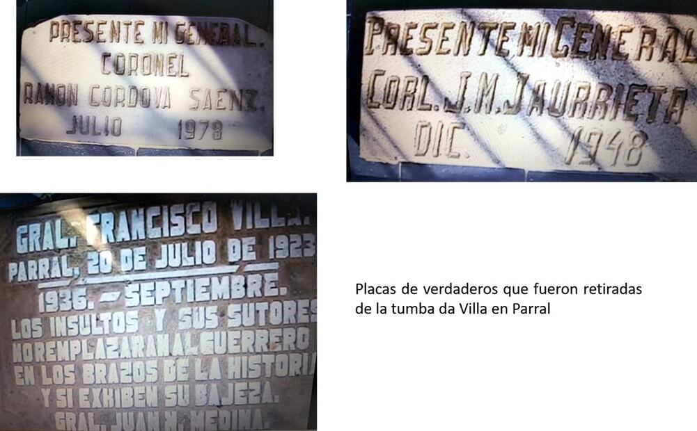 Imagen de las placas que fueron retiradas de la tumba de Villa en 2023, luego de haber permanecido por más de 80 años. Se trata de dos fieles de Villa: el coronel José María Jaurrieta y el general Juan N. Medina, también se observa la del coronel Ramón Córdova Sáenz. Cortesía Mario A. Trillo.