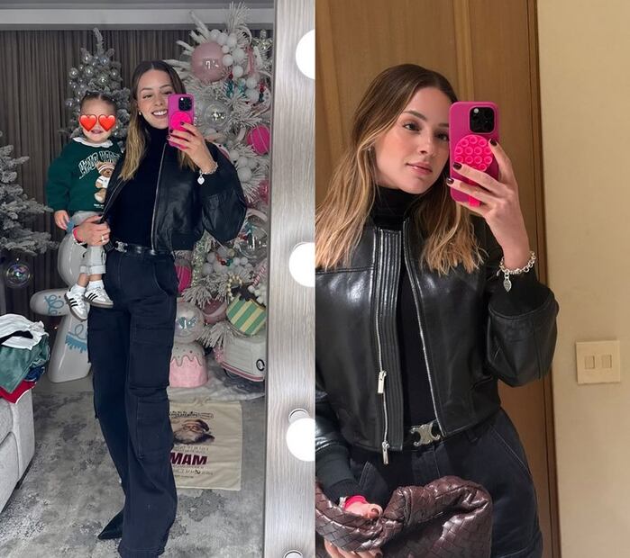 Mariana Rodríguez eleva su total black con una chamarra efecto piel. Foto Instagram @marianardzcantu