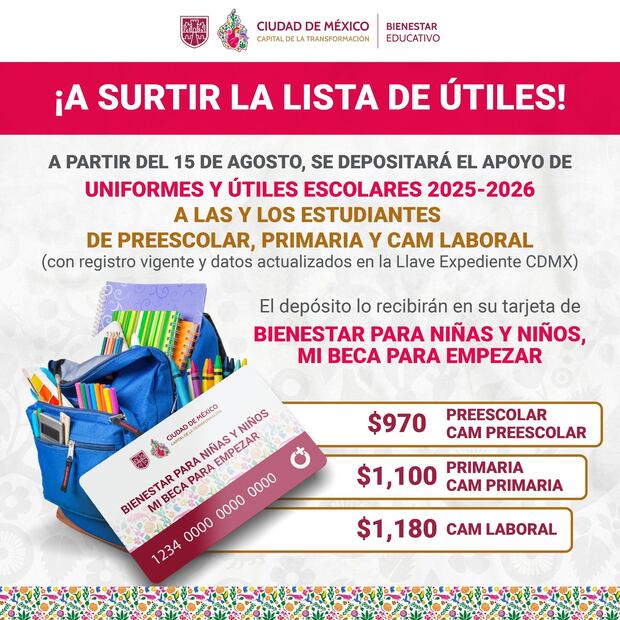 El Fideicomiso Bienestar Educativo (Fibien) anunció que el apoyo anual de “Uniformes y Útiles Escolares” será depositado en agosto 2025.
Foto: Captura de pantalla en X