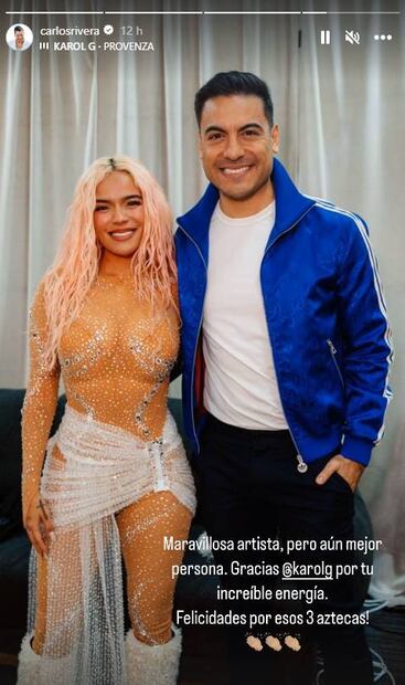 Carlos Rivera presume foto con Karol G en Instagram.