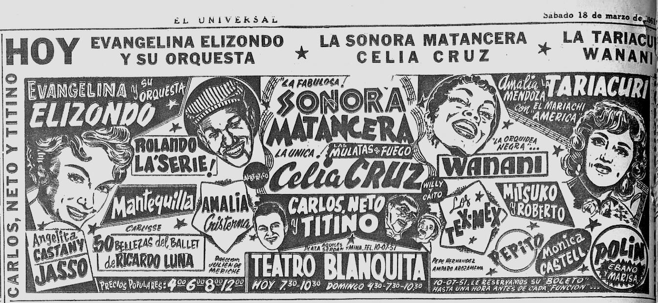 En 1961 en el Teatro Blanquita resonaba la Matancera, atracción estelar en una noche en que también se presentaba Evangelina Elizondo con su orquesta y los bailarines Roberto y Mitsuko. /Hemeroteca EL UNIVERSAL