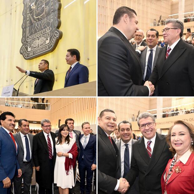 Pedro Haces presume foto con Andy López Beltrán; morenistas acompañan a Armenta en toma de protesta como gobernador de Puebla. Fotos: Tomadas de redes sociales
