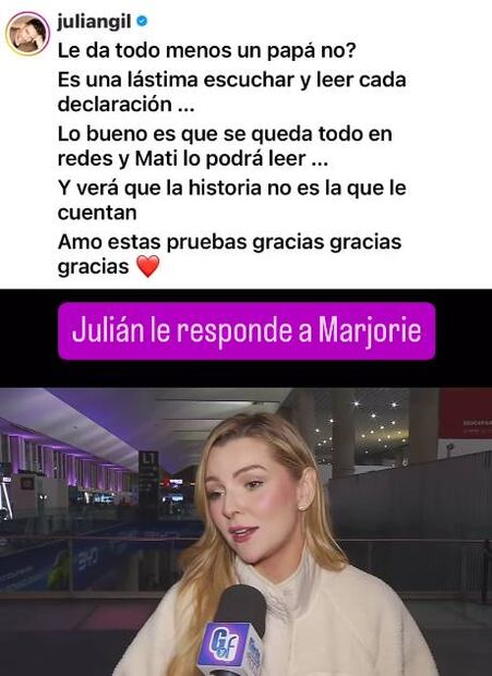 Julián Gil y su reclamo antes las declaraciones de Marjorie de Sousa, quien  responde "tiempo al tiempo" cuando le preguntan cuándo podrán convivir padre e hijo.