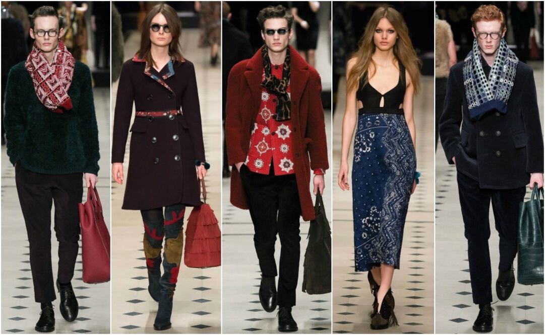 Si tienes alguna prenda con prints navideños o patrones geométricos la pasarela de Burberry es la indicada, ya que los modelos los llevan en bufandas, camisas, y faldas, en balance con elementos más sobrios y contrastantes con el infalible negro. Cualquiera de las propuestas lucirán bien en reuniones semi-formales. 