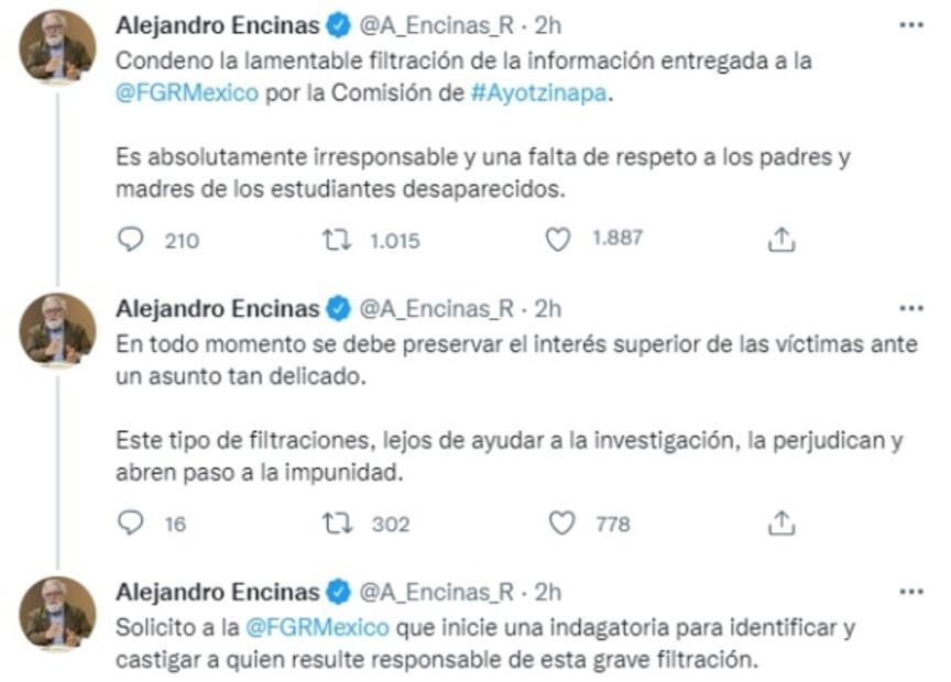 Encinas pide a FGR investigación por “grave filtración” de información del Caso Ayotzinapa