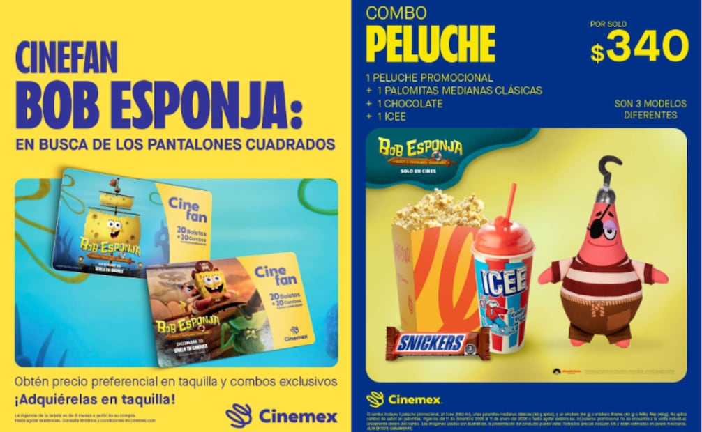 Cinemex lanzará un combo coleccionable de Bob Esponja: En Busca de los Pantalones Cuadrados. Foto: Instagram @Cinemex