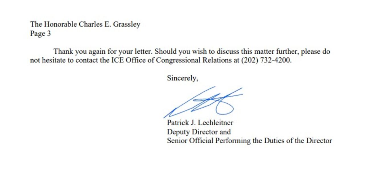 Carta dirigida al senador Charles E. Grassley. Foto: Captura de pantalla