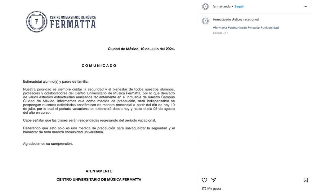 Comunicado escuela Fermatta. Foto: Captura de pantalla