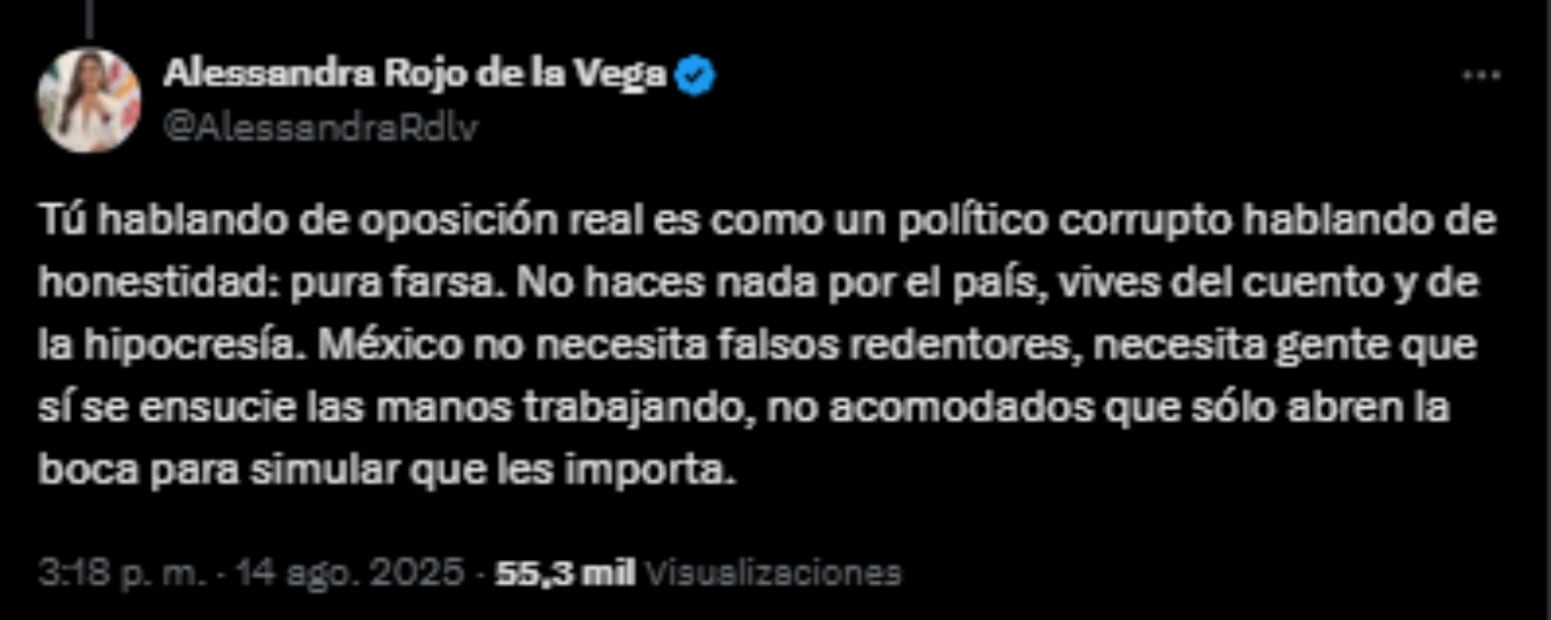 Post de Alessandra Rojo de la Vega. Foto: Captura de pantalla tomada de la cuenta de X de @AlessandraRdlv.