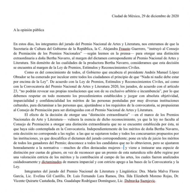 "Distinción extraordinaria a Bertha Navarro vulnera Premio Nacional": jurado