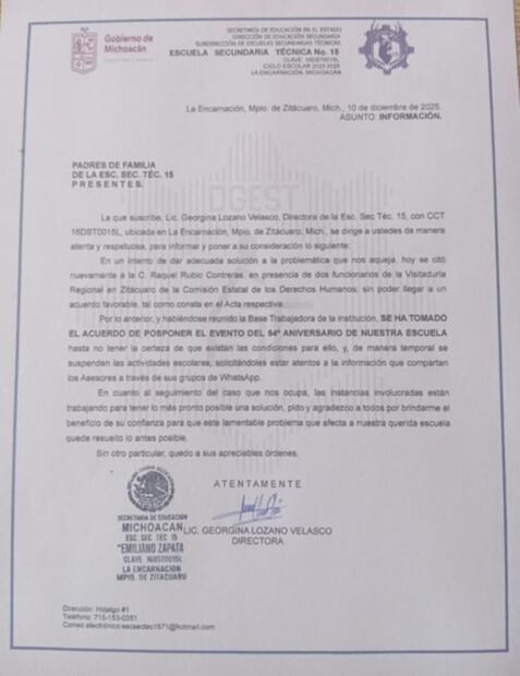 Comunicado a padres e familia sobre el caso de violencia (23/12/2025). Foto: Especial