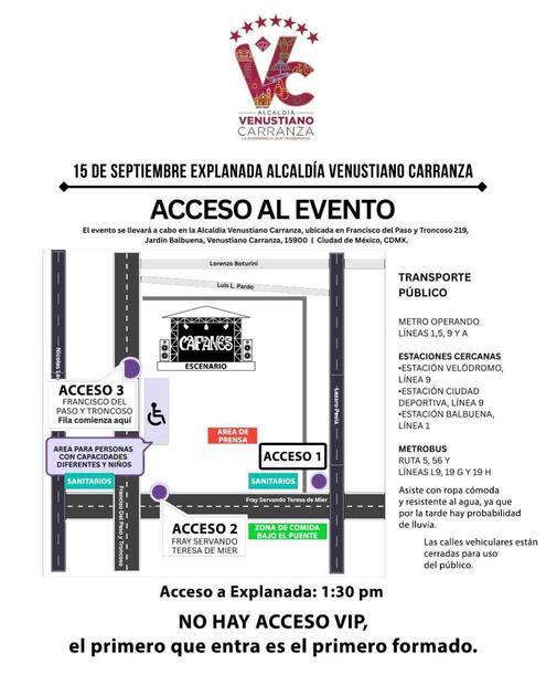 Accesos a la explanada de la alcaldía Venustiano Carranza, donde se llevarán a cabo los festejos por el Grito de Independencia (15/09/2025). Foto: Captura de pantalla