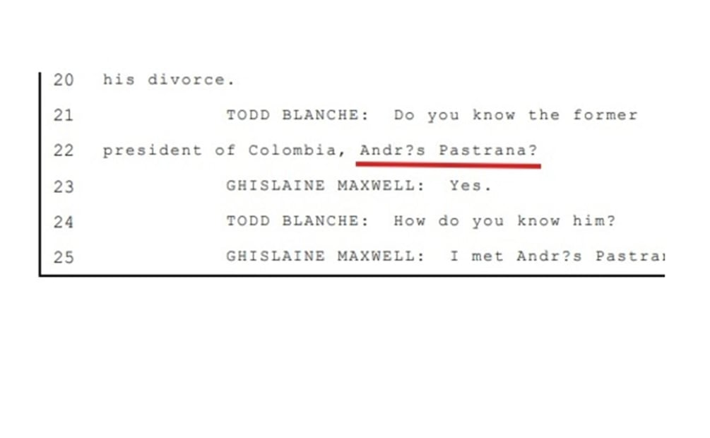 "Conocí a Andrés Pastrana en un pub en Dublín. No sé si alguna vez viajó en el avión de Epstein ni si estuvo en su isla privada", dijo Ghislaine Maxwell en entrevista con el Departamento de Justicia de EU. Foto: El Tiempo