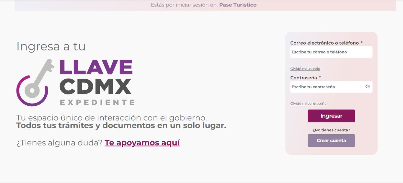 Es necesario crear una cuenta Llave CDMX para tramitar el pase turístico. Foto: Captura de pantalla